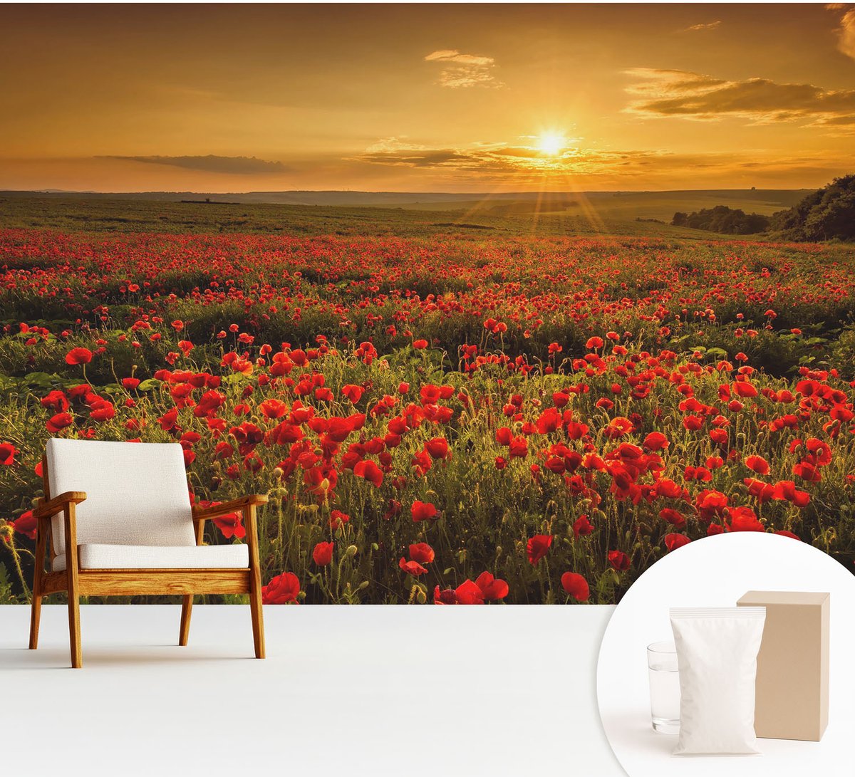 Wallfluent Fotobehang - Rood Vliesbehang - 312x219 cm - Papaverveld Fotobehang Vlies - Woonkamer behang Landschappen - Muurschildering - Woonkamer behang