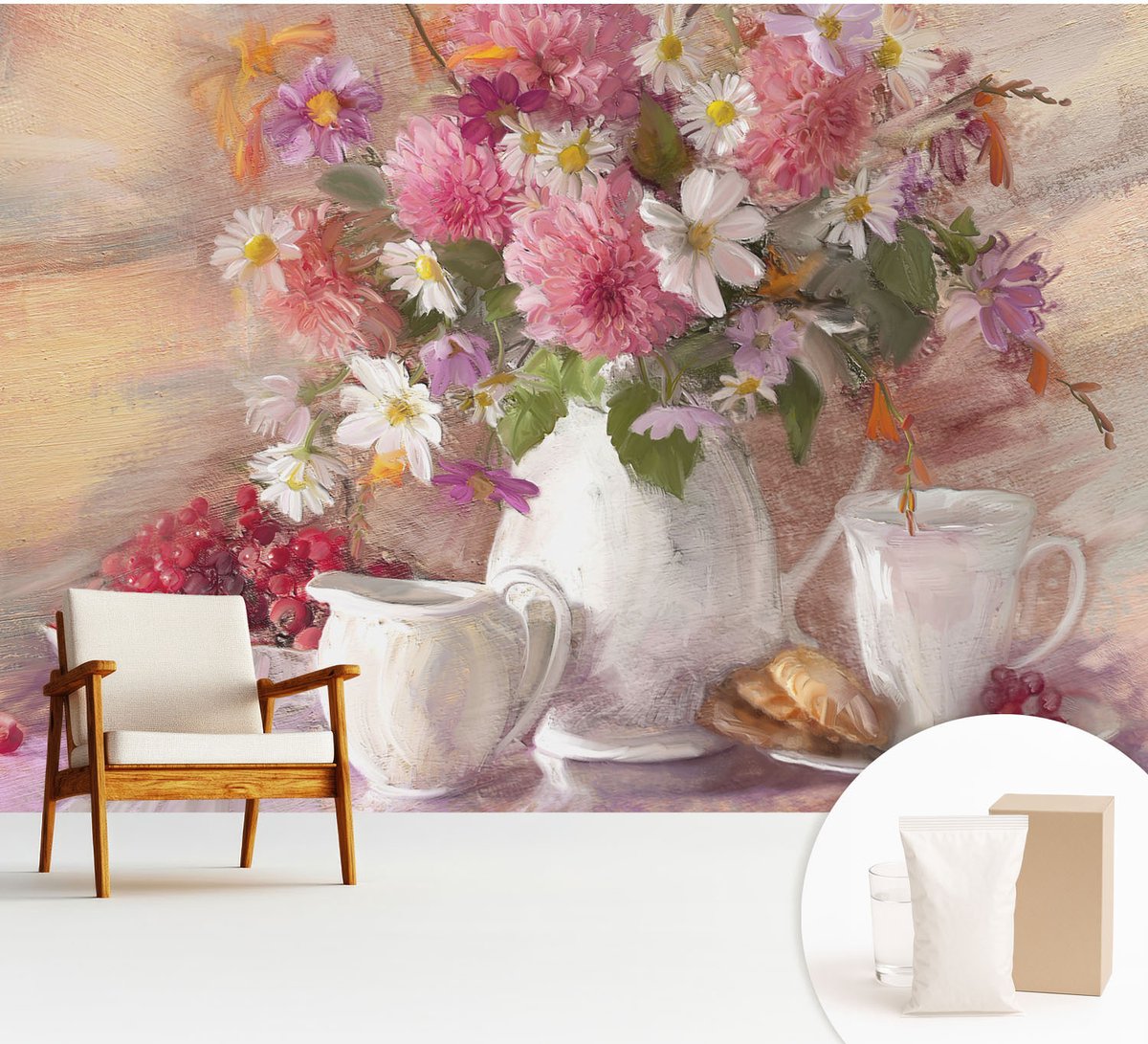 Wallfluent Fotobehang - Roze Vliesbehang - 312x219 cm - Wilde Bloemen Fotobehang Vlies - Woonkamer behang Bloemen En Planten - Muurschildering - Woonkamer behang
