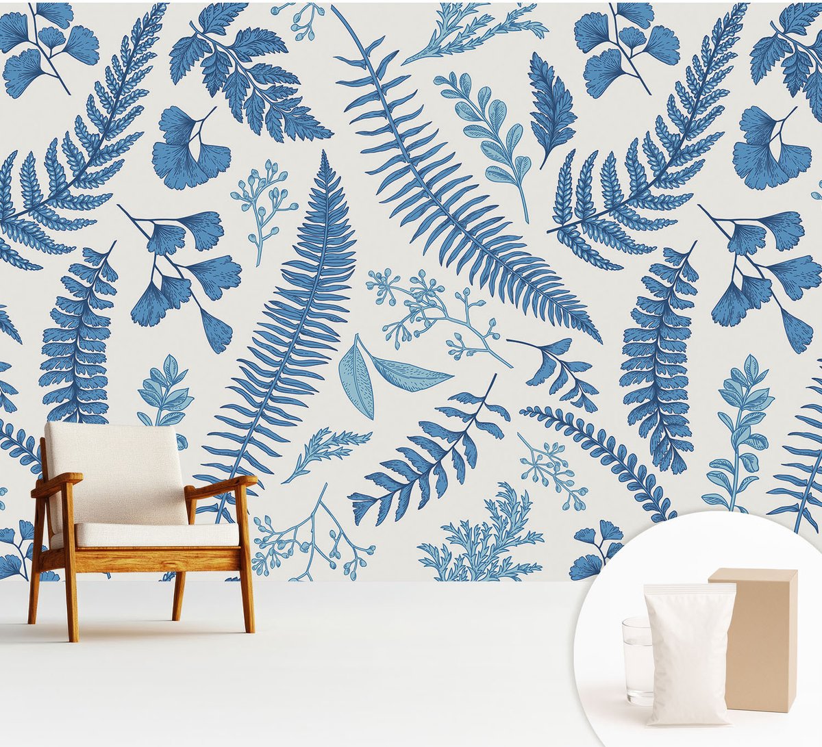 Wallfluent Fotobehang - Wit Vliesbehang - 312x219 cm - Botanische Patronen Fotobehang Vlies - Woonkamer behang Bloemen En Planten - Muurschildering - Hal behang