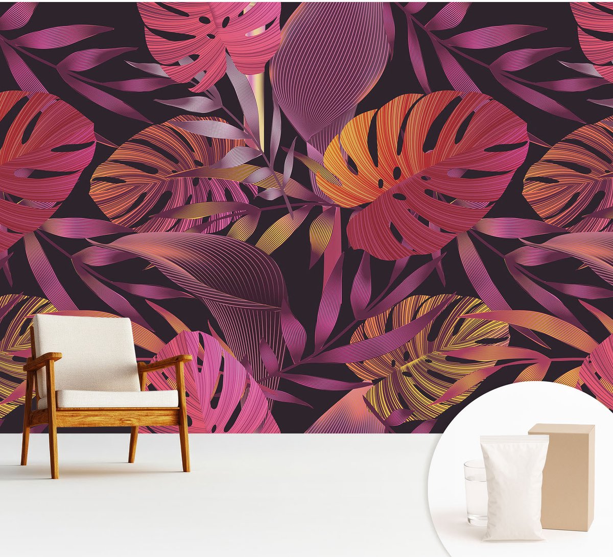 Wallfluent Fotobehang - Zwart Vliesbehang - 312x219 cm - Exotische Bladeren Fotobehang Vlies - Woonkamer behang Bloemen En Planten - Muurschildering - Woonkamer behang