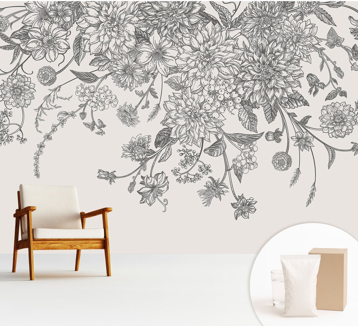 Wallfluent Fotobehang - Wit Vliesbehang - 312x219 cm - Bloemenpatroon Fotobehang Vlies - Hal behang Bloemen En Planten - Muurschildering - Woonkamer behang