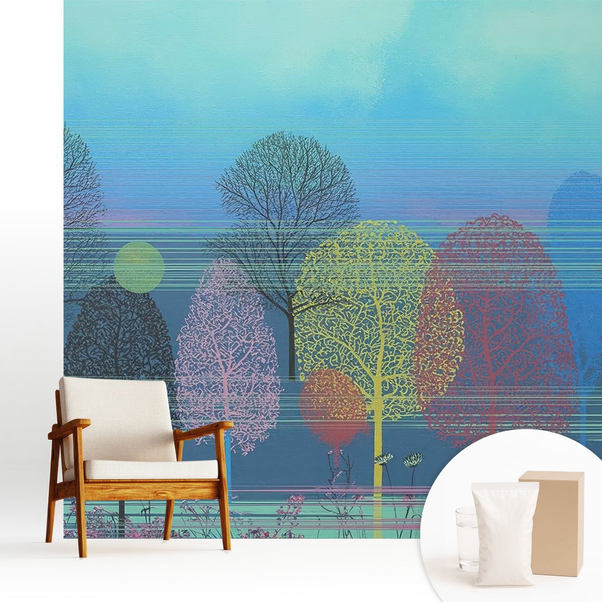 Wallfluent Fotobehang - Blauw Vliesbehang - 250x250 cm - Kleurrijke Harmonie Fotobehang Vlies - Woonkamer behang Bloemen En Planten - Muurschildering - Woonkamer behang