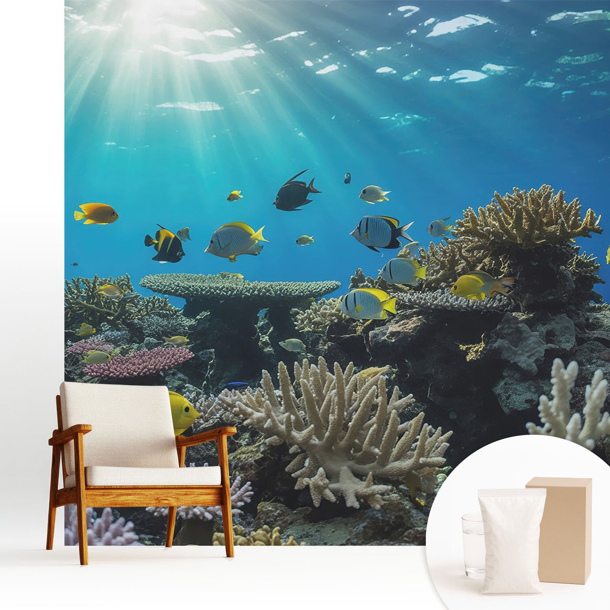 Wallfluent Fotobehang - Blauw Vliesbehang - 250x250 cm - Onderwaterwereld Muurschildering - Gang behang Dieren - Fotobehang Vlies - Slaapkamer behang