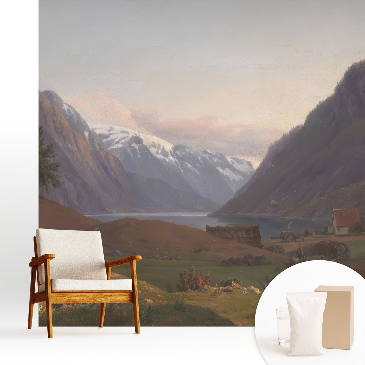 Wallfluent Fotobehang - Wit Vliesbehang - 250x250 cm - Bergpanorama Fotobehang Vlies - Woonkamer behang Landschappen - Muurschildering - Woonkamer behang