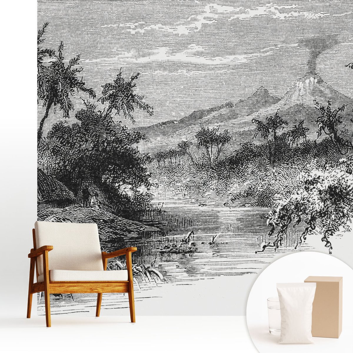 Wallfluent Fotobehang - Zwart-Wit Vliesbehang - 250x250 cm - Exotisch Panorama Fotobehang Vlies - Woonkamer behang Landschappen - Muurschildering - Hal behang