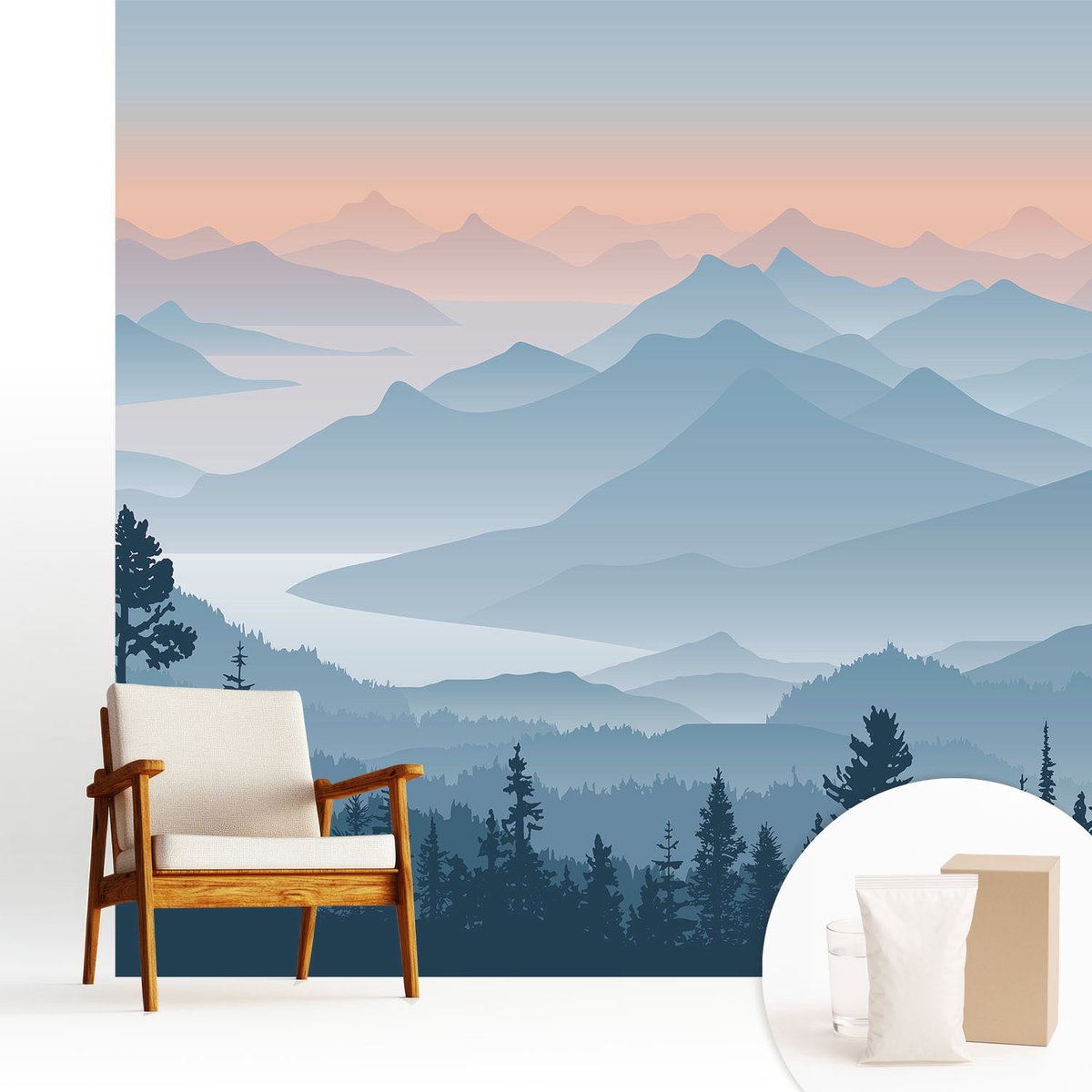 Wallfluent Fotobehang - Zwart Vliesbehang - 250x250 cm - Bergpanorama Fotobehang Vlies - Hal behang Landschappen - Muurschildering - Woonkamer behang