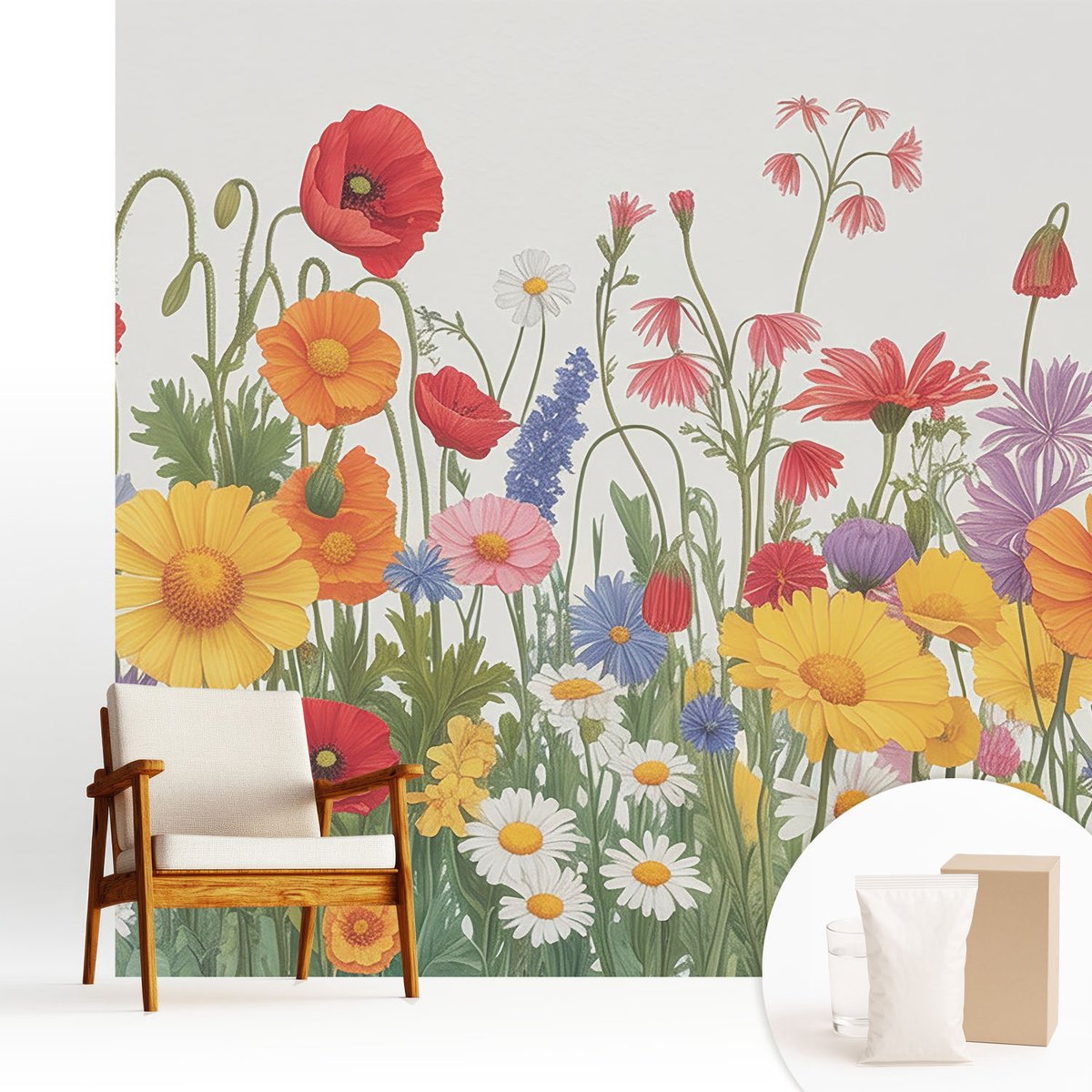 Wallfluent Fotobehang - Geel Vliesbehang - 250x250 cm - Bloemenweide Fotobehang Vlies - Hal behang Bloemen En Planten - Muurschildering - Hal behang
