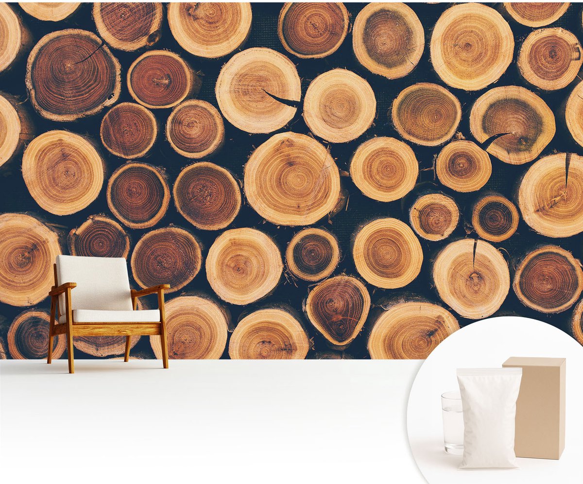 Wallfluent Fotobehang - Bruin Vliesbehang - 416x254 cm - Houten Cirkels Muurschildering - Gang behang Texturen - Fotobehang Vlies - Slaapkamer behang