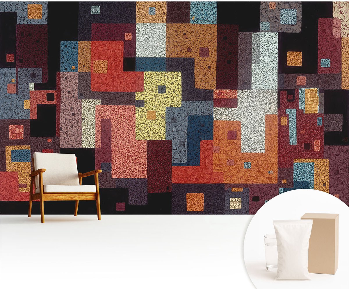Wallfluent Fotobehang - Zwart Vliesbehang - 416x254 cm - Kleurrijke Vormen Muurschildering - Slaapkamer behang Abstractie - Fotobehang Vlies - Slaapkamer behang