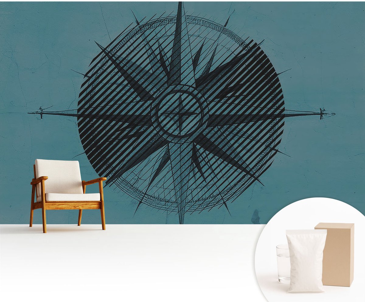 Wallfluent Fotobehang - Turkoois Vliesbehang - 416x254 cm - Scheepskompas Fotobehang Vlies - Hal behang Geometrie - Muurschildering - Woonkamer behang