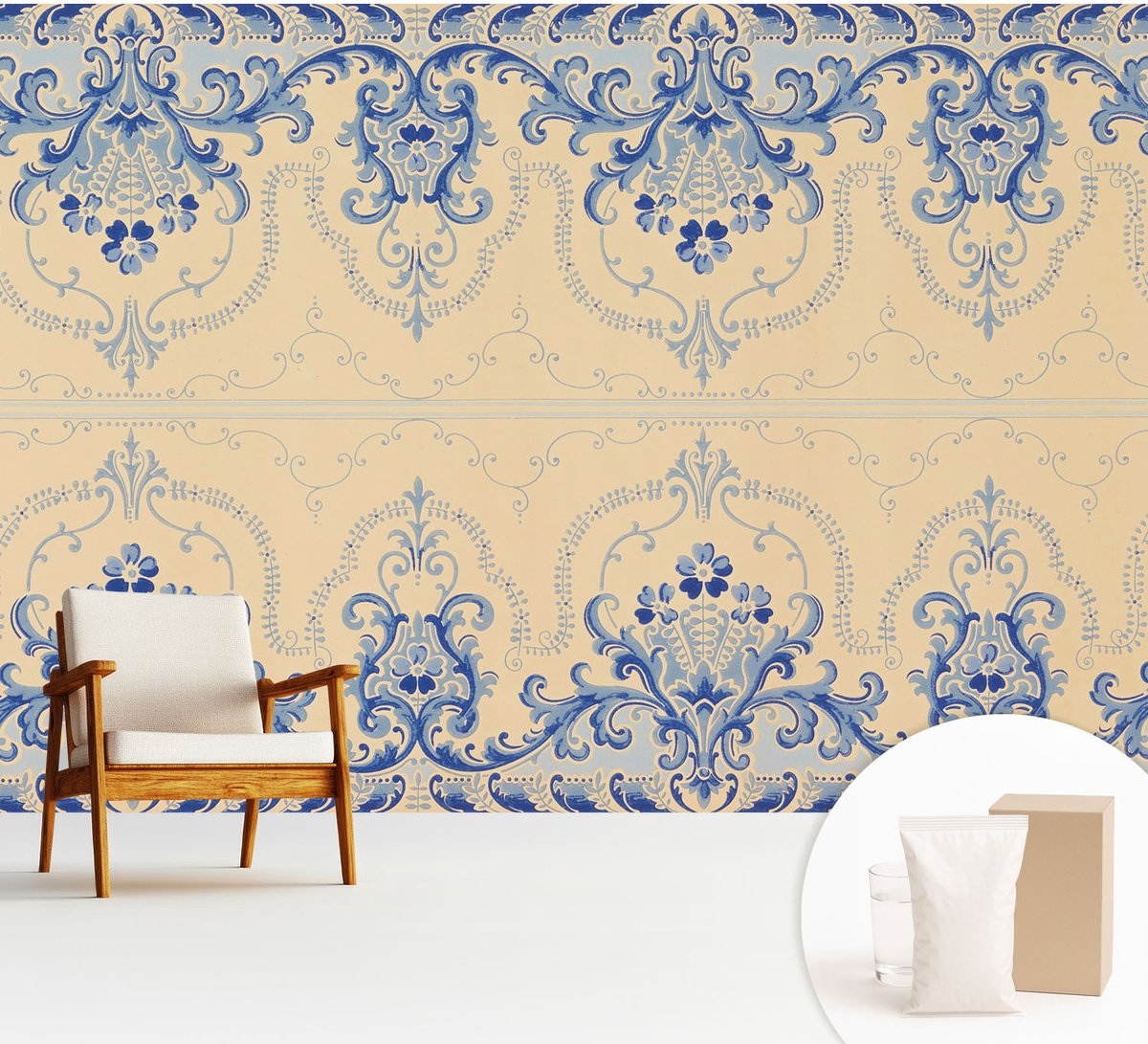 Wallfluent Fotobehang - Beige Vliesbehang - 312x219 cm - Blauwe Ornamenten Fotobehang Vlies - Woonkamer behang Achtergronden En Patronen - Muurschildering - Woonkamer behang