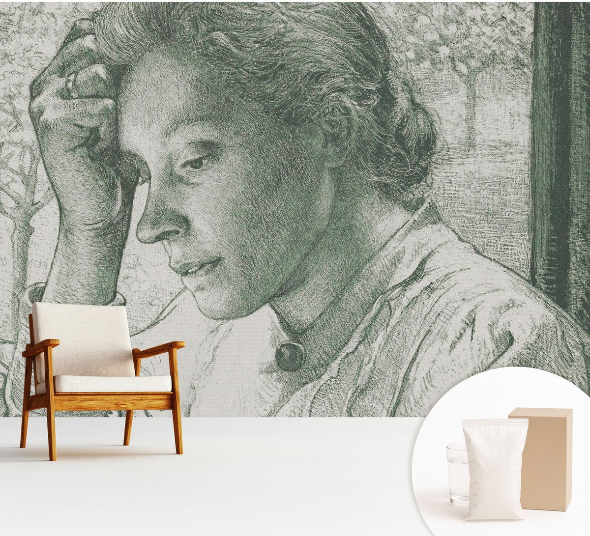 Wallfluent Fotobehang - Grijs Vliesbehang - 312x219 cm - Reflecterende Vrouw Fotobehang Vlies - Woonkamer behang Mensen - Muurschildering - Woonkamer behang