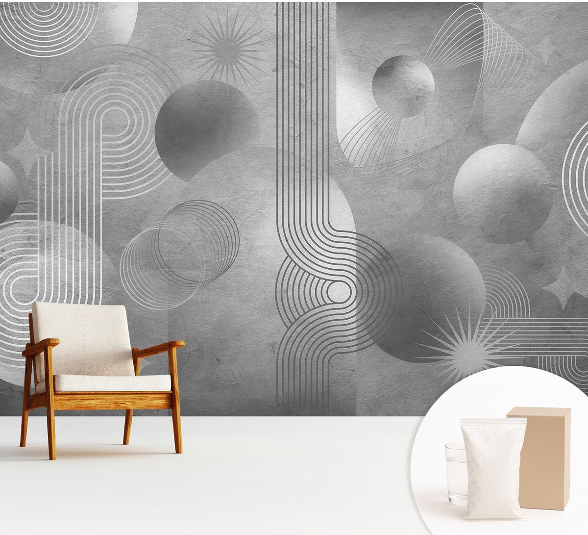 Wallfluent Fotobehang - Grijs Vliesbehang - 312x219 cm - Abstracte Elegantie Fotobehang Vlies - Hal behang Abstractie - Muurschildering - Woonkamer behang