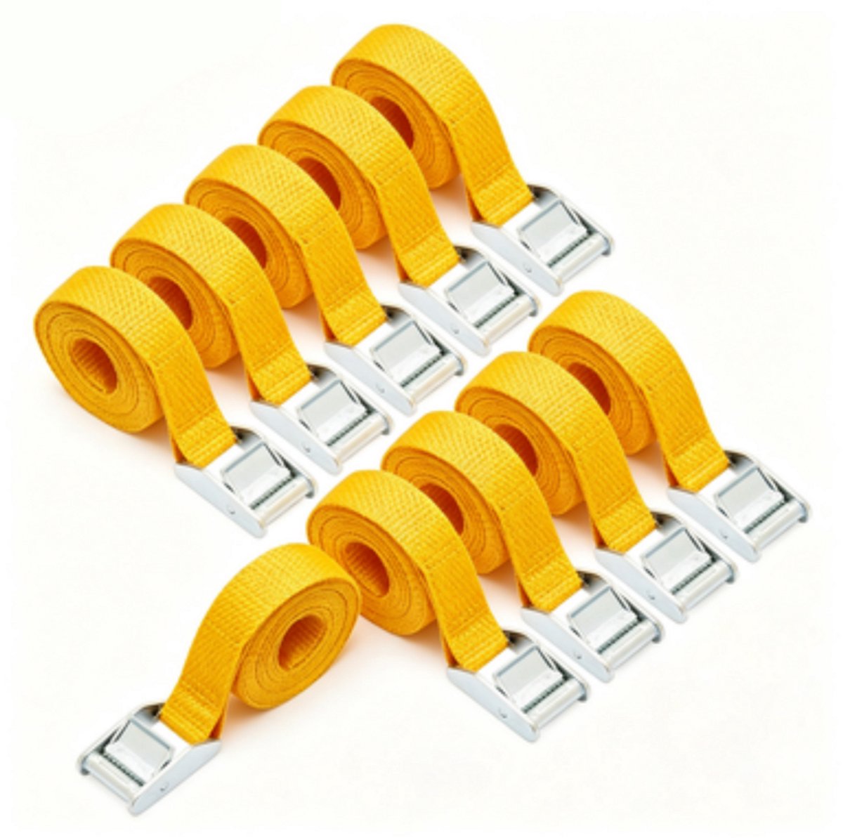 Spanbanden – 2,5 m lang, 25 mm breed – Draagvermogen 150 kg – Set van 10 – Banden met klemgesp van zinklegering voor ladingzekering – Geel