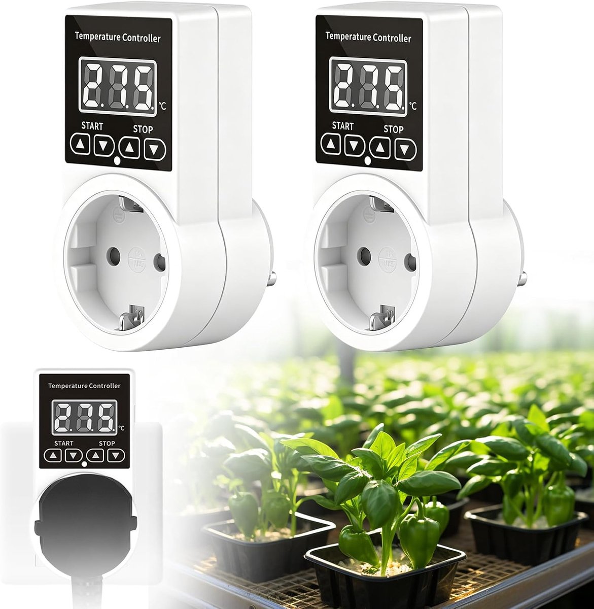 2 stuks thermostaat stopcontact, temperatuurregelaar, verwarmingsthermostaat digitaal met sensor, waterdichte - ShopVlot