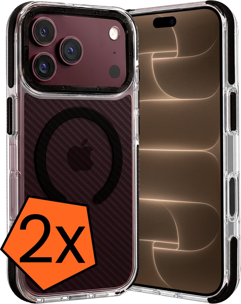 Hoes - 2 Stuks - Geschikt voor Apple iPhone 18 Pro - Magsafe Compatible - Carbon Look - Sterk & Shockproof - Back Cover - Shock Proof Case - Telefoon Hoes - Zwart
