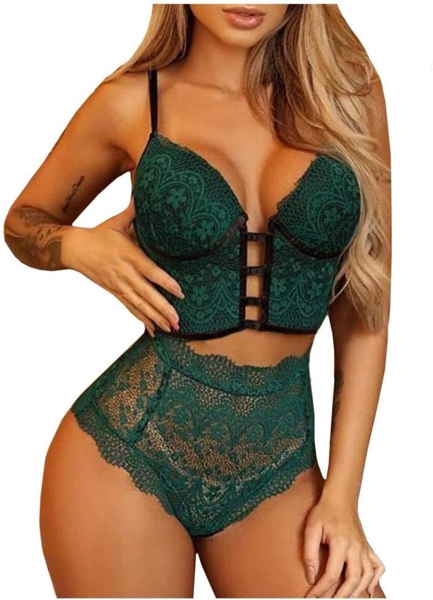 Kleding Sexy kanten lingerie set vrouwen draadloze sexy beha bandage string ondergoed set-green_M