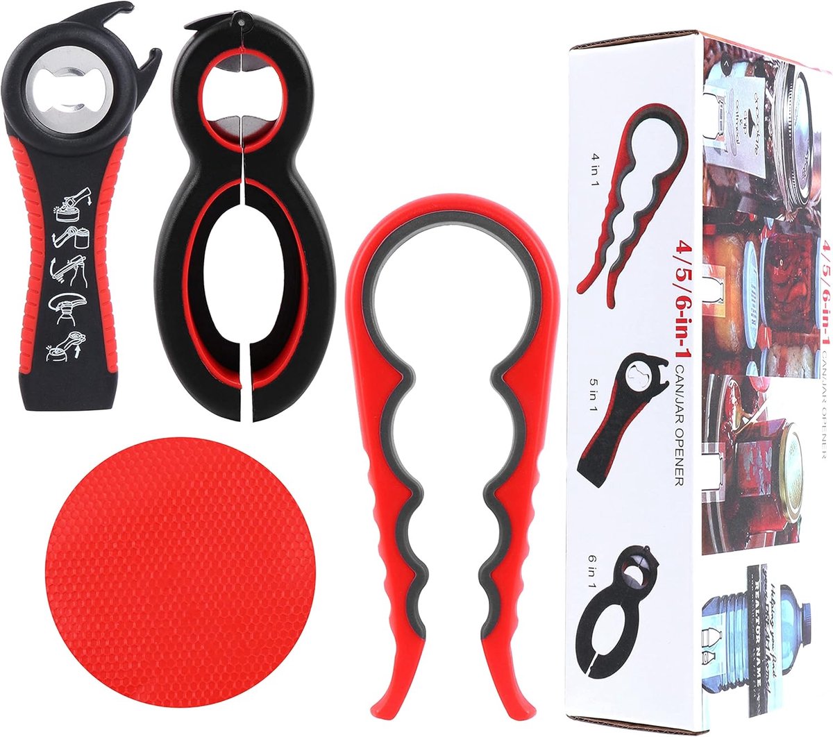 Opener, grijper, 4 verpakkingen rubberen glasopener voor zwakke handen, 6-in-1, 5-in-1 glazen flesopener voor senioren met artritis, 4-in-1 glasopener + antislip dekselopener