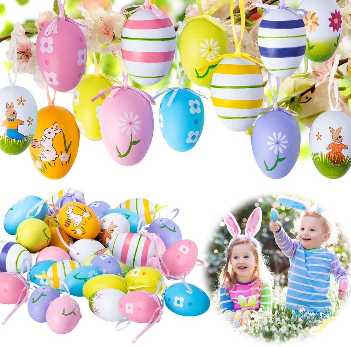 24 stuks kleurrijke paaseieren decoraties geschilderd doe-het-zelf ambachten opknoping ornamenten voor Pasen Craft decoraties
