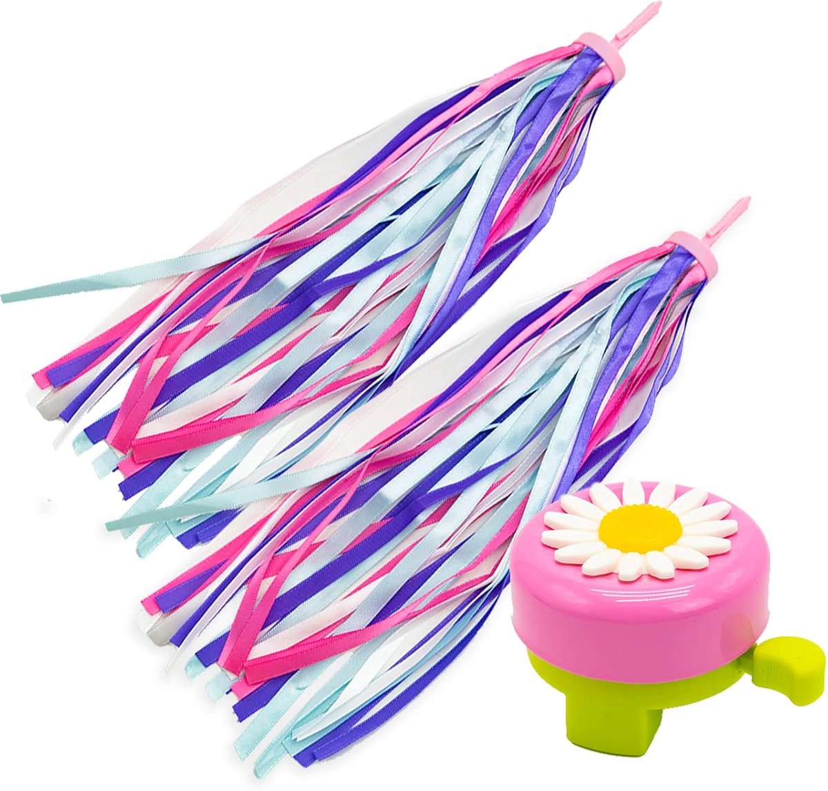 Kinderfietsbel met 1 paar fietskwasten voor decoratie van kinderfietsen, fietsbel, accessoires voor kinderfietsen, kinderfietskwast, kinderscooter stuurstreamer fietshandgrepen lint