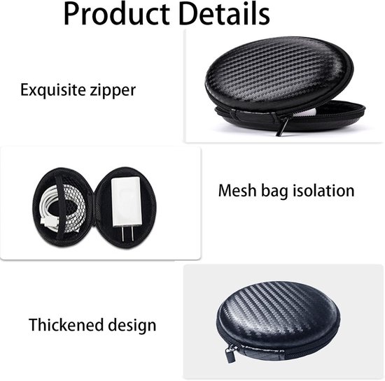 6-delige ronde draagbare hoofdtelefooncase, mini EVA-tas, opbergtas, harde schaal met ritssluiting, geschikt voor oortelefoon, datakabel, MP3-opbergtas (zwart) — afbeelding 5