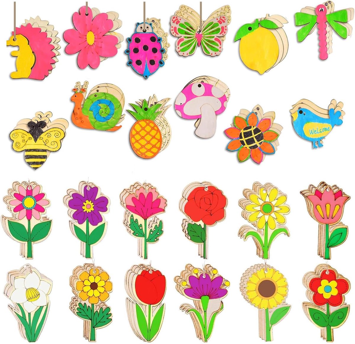 Houten hangers om te beschilderen, 24 stuks houten figuren om te beschilderen, houten dieren en houten bloemen knutselsets, DIY schilderen handwerk decoratie, vlinders, vogels, bijen, slakken