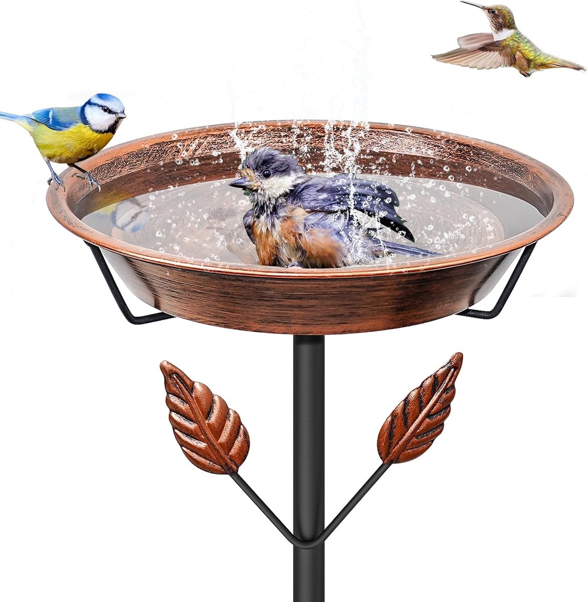 37,8 cm metalen vogelbad voor buiten, vintage vogelbaden met afneembare voederbak met 5-punts basisstake, gemakkelijk schoon te maken vogelvoeder voor buiten tuin, gazondecoratie (retro bruin