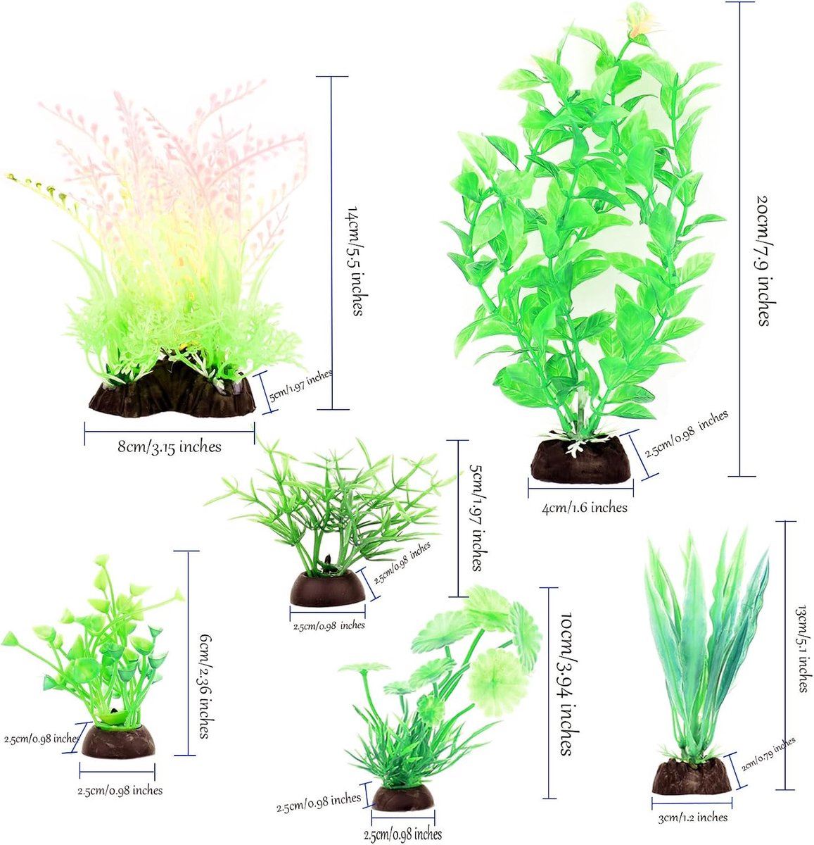 Aquaria met planten en waterplanten met kleurrijke aquariumaccessoires
