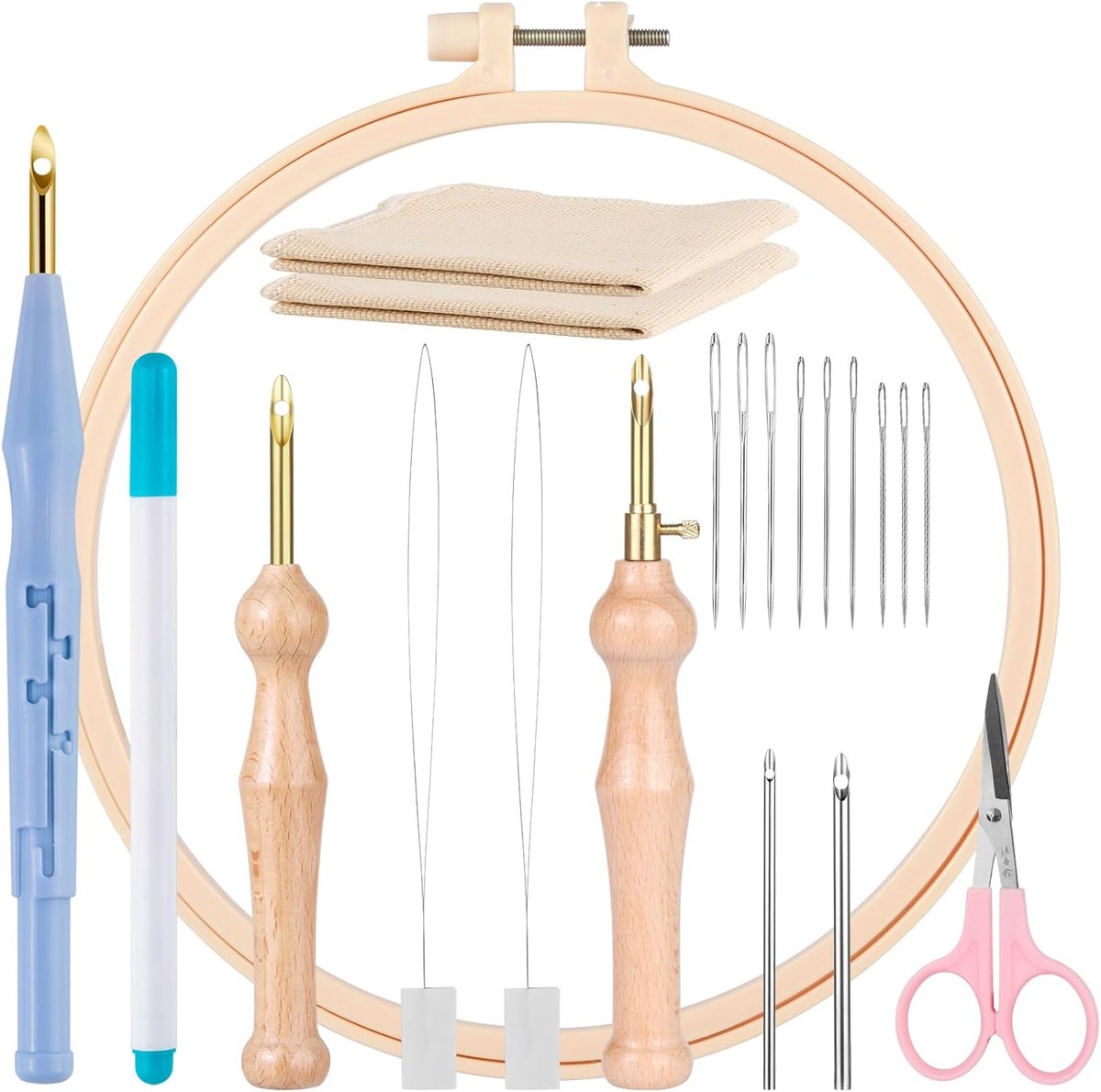 Verstelbare Garen Punch Naald, Houten Handvat Borduren Pen, Punch Naald Doek, Grote Oog Naalden, Naald Threaders, voor DIY Craft Stitching Applique Embellishment Beginners (21 stuks)