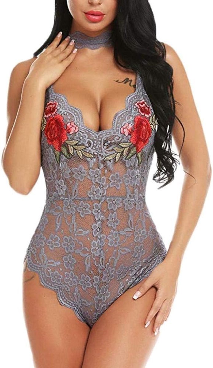 Dameskostuums Sexy Dames Lingerie Kanten Beha Diepe V Borduurwerk Verleiding Perspectief Erotische Lingerie Porno Dames Nachtkleding-Grey_XL