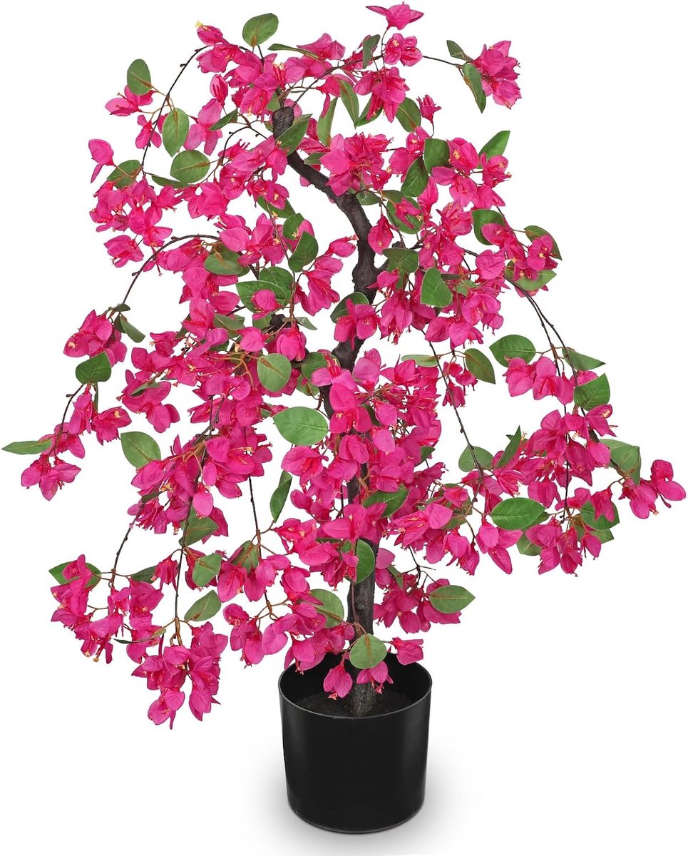 Kunstbougainville, 75 cm hoog, roze kunstboom in zwarte pot, grote kunstplant met bloemen voor thuis, kantoor, tuin, decoratie