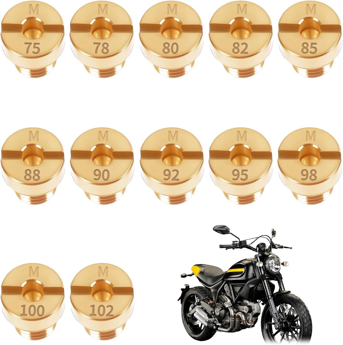 Mondstukken M5, 12 stuks hoofdsproeierset van messing, carburateursproeiers voor scooter, motorfiets, bromfiets, compatibel met Dellorto, M5, 5 mm, maten 75, 78, 80, 82, 85, 88, 90, 92, 95