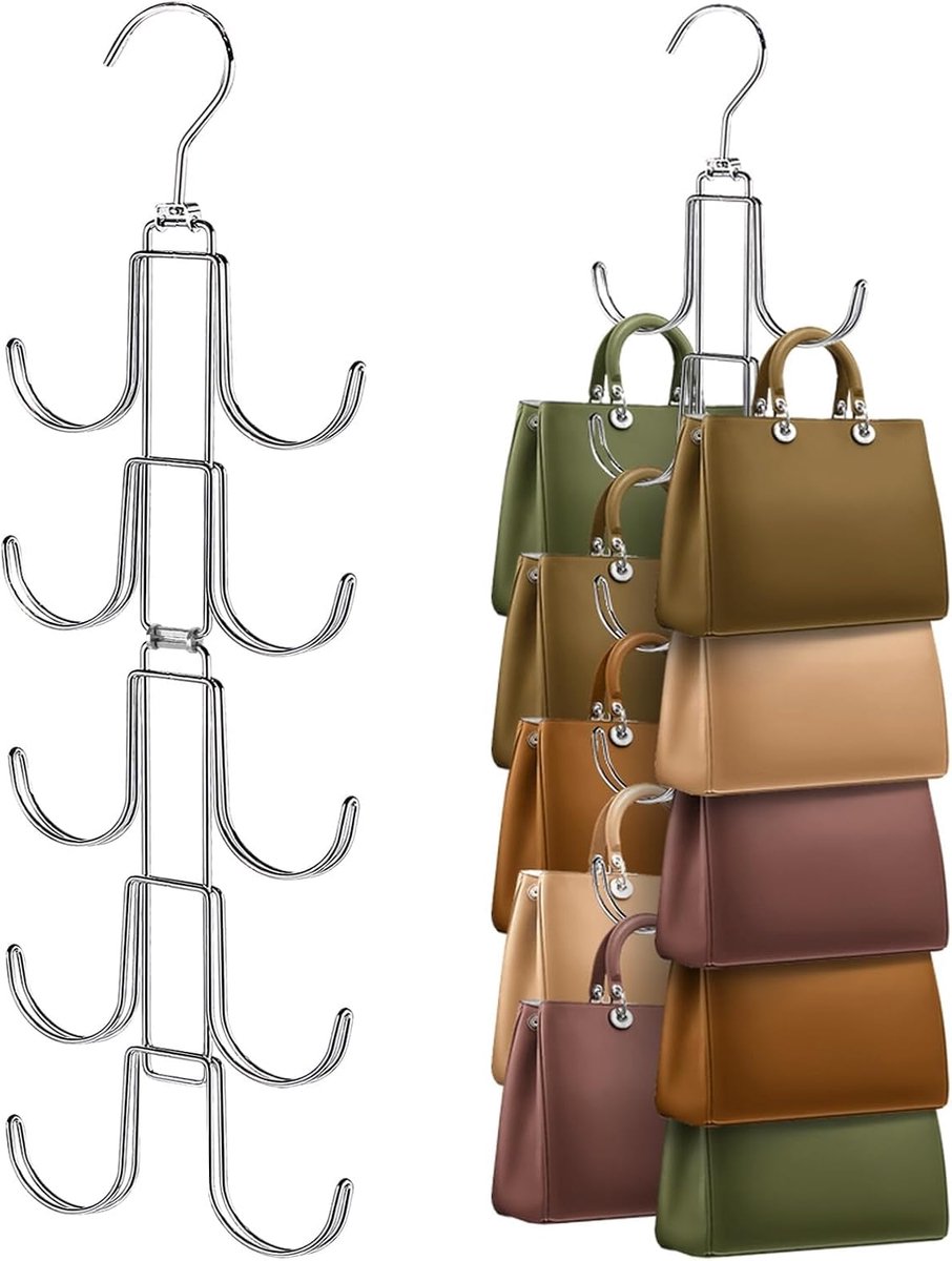 Handtas-organizer voor kast, verbeterde handtas-hanger met 10 grote haken, 360 graden rotatie voor betere organisatie en presentatie