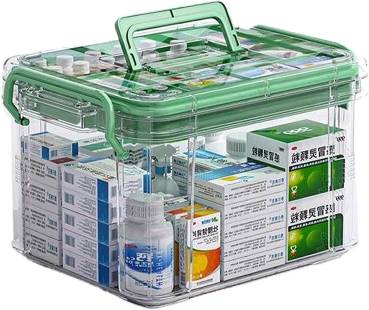 Opbergdoos voor Medicijnen, Organizer voor Huishoudelijke Medicijnen, Dubbele Lagen EHBO-doos, Medicijndoos met Meerdere Vakjes, Draagbare Medicijnkast met Deksel voor Thuisgebruik, -S