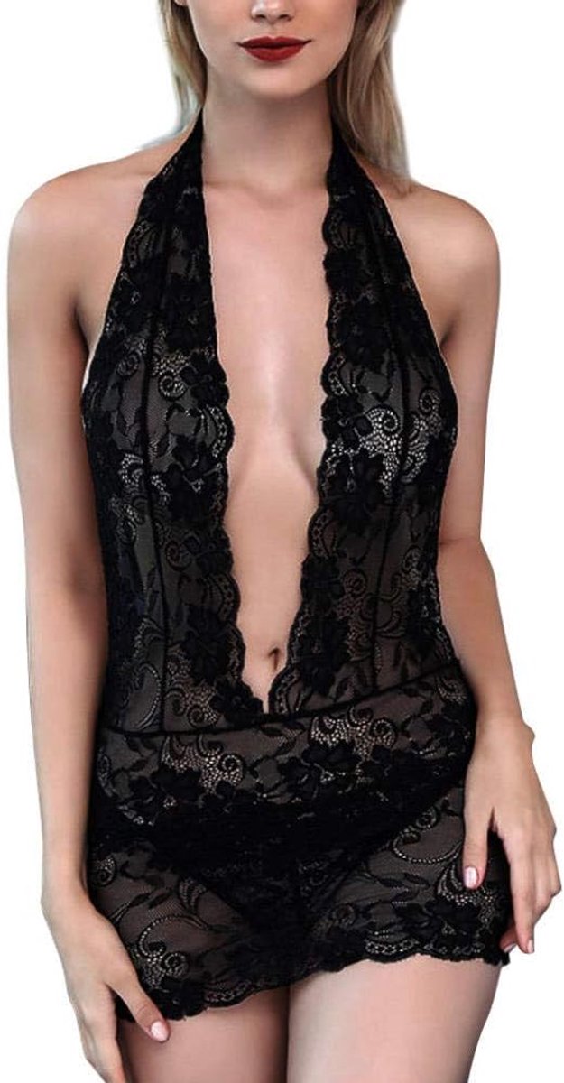 Dameskleding Diepe V Vrouwen Kostuums Erotische Lingerie Porno Kanten Beha Perspectief Nachtkleding Sexy Dames String Verleiding Ondergoed-Black_XL