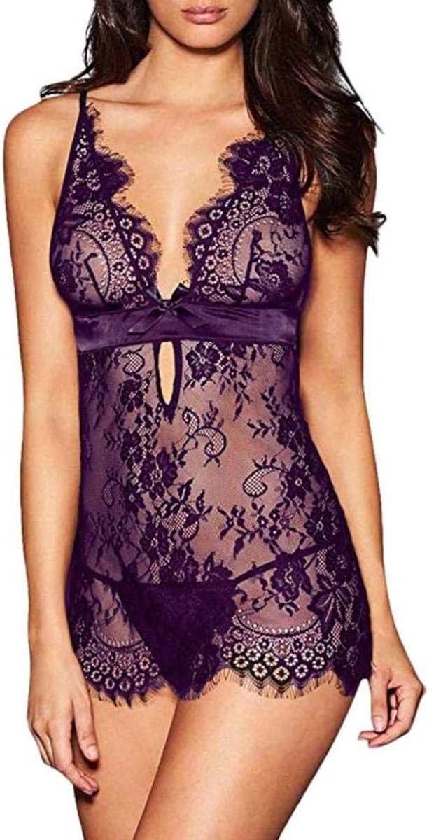 S-3XL Vrouwen Sex Lingerie Kanten Nachtkleding Hol Ondergoed Sexy Backless V-hals Costume-Purple_S