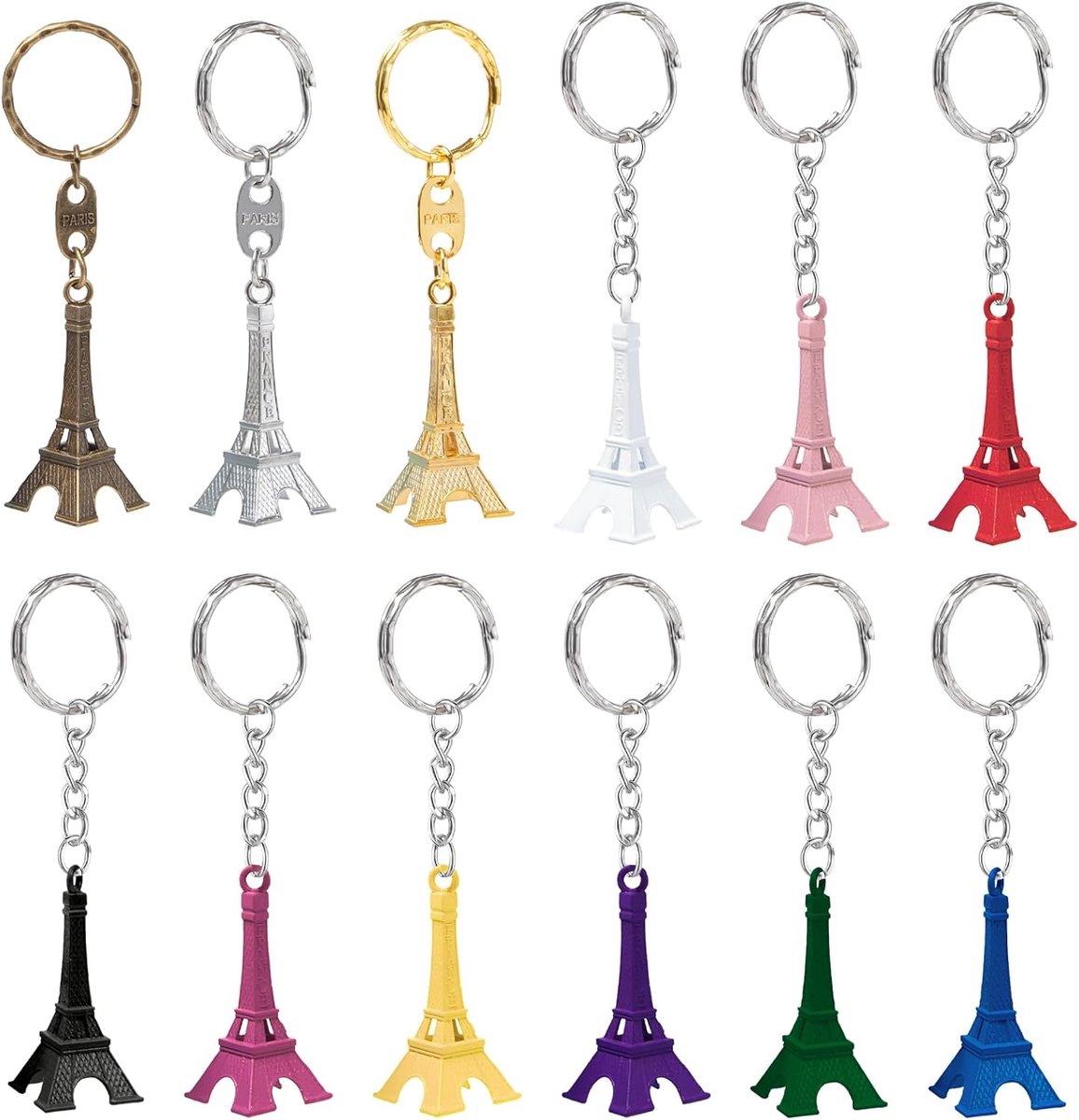 12 stuks sleutelhangers Eiffeltoren retro sleutelhanger Parijs Souvenirs Franse sleutelhangers mini hanger Eiffeltoren voor tas bedels geschenken (12 kleuren)