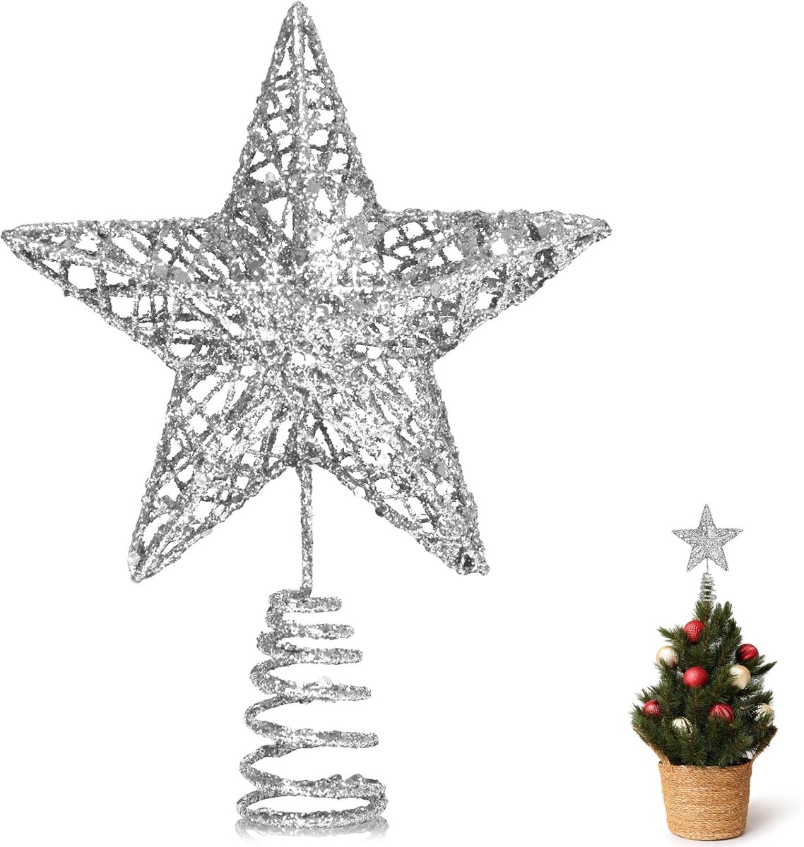 Kleine ster, glitter, 3D metallic, kerstboompiek, dennenboom, punt, ster voor kerstboom, kerstboomversiering, 15 x 12 cm (zilver, S)