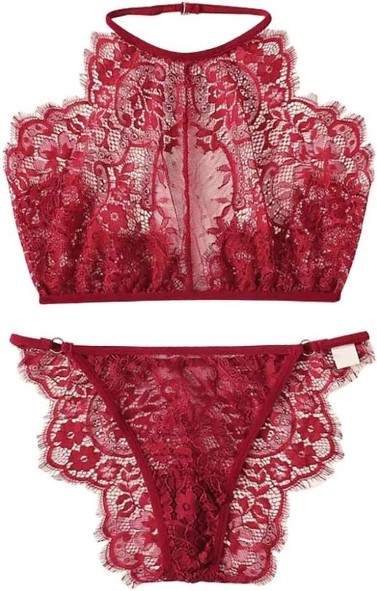 Sexy kanten nachthemd bretels sexy lingerie vrouwen petticoat lingerie pyjamaOpknoping Nek Sexy Bh Set Vrouwen Ondergoed Beha Sexy Lingerie Nachtkleding Kleding Set Nachtkleding-Red_L