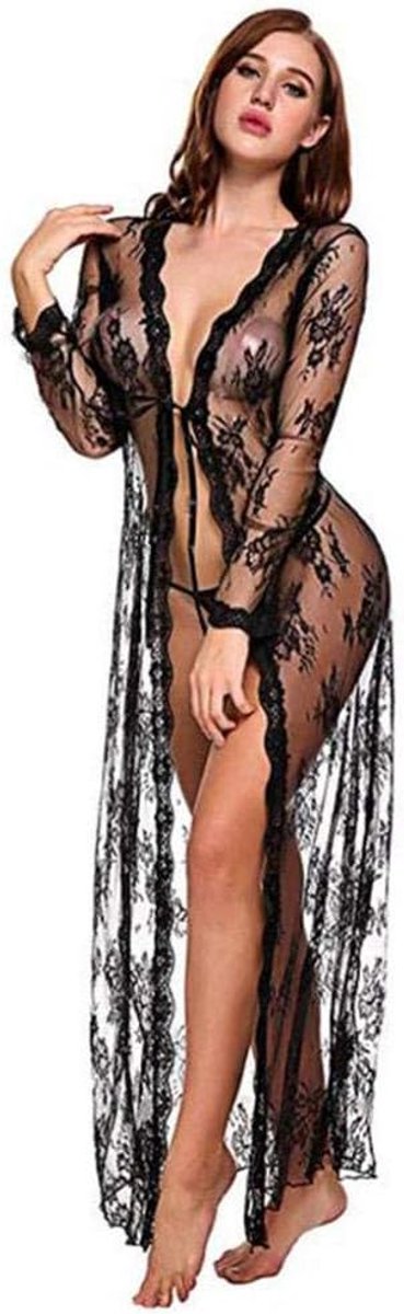 Dameskostuums Lingerie voor dames Sexy lange jurk See Through Robe Kimono ondergoed dames slipje-Black_L