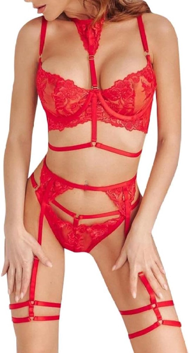 Babydolls, nachtjaponnen & negligés dames Lingerie pure ondergoed geborduurde bh + kousenband string nachtkleding plus size set