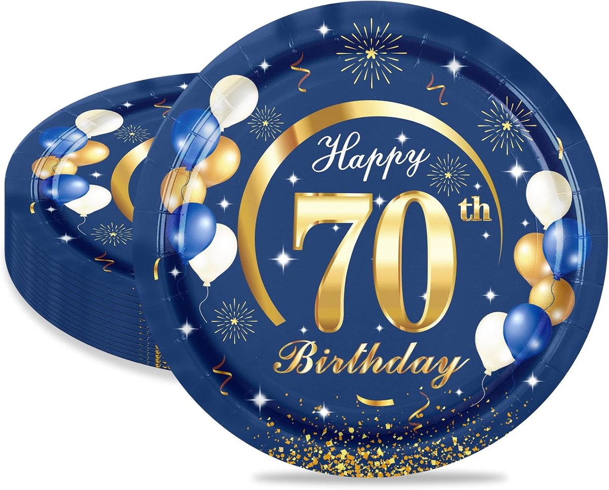 16 Stuks Borden voor 70e Verjaardagsfeestje, 23 cm/9 Inch Blauw Goud Papieren Bord Dessert Dienblad voor Verjaardagsdecoratie Mannen en Vrouwen