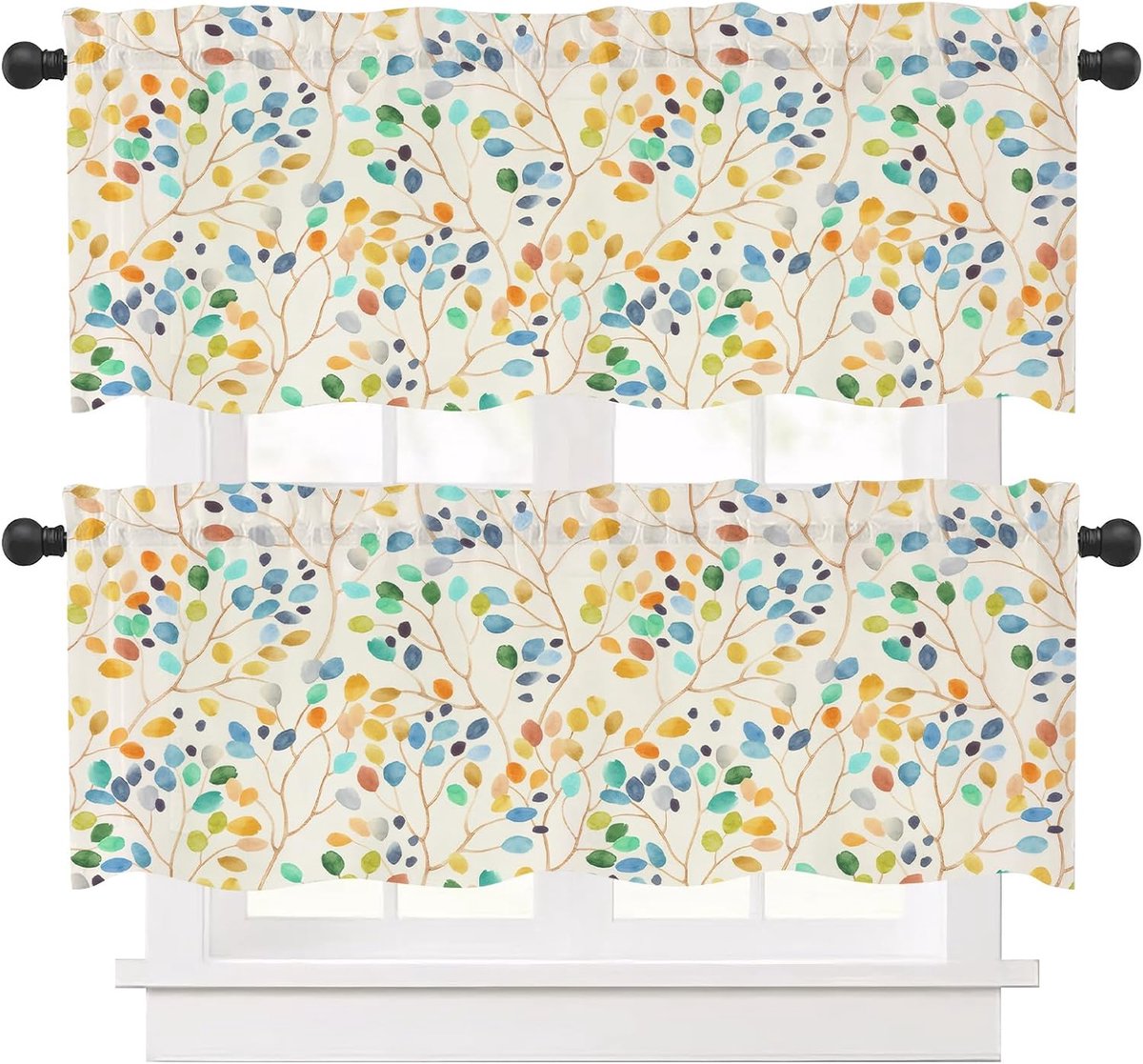 Gordijnen met bloemen, set van 2, decoratief, kort gordijn voor slaapkamer, woonkamer, keuken, balkon, raam, meerkleurig