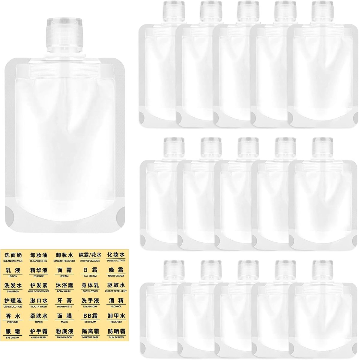 15 stuks reisgrootte containers navulbare lege klemzakken lekbeveiligde reisfles set reisset vloeistoffen voor het vullen 30/50/100 ml draagbare verpakkingszakken voor shampoo lotion haarbalsem
