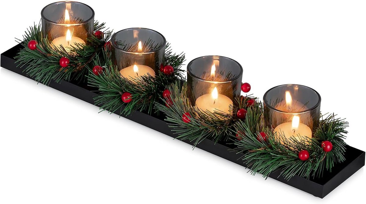 Lange Metalen Adventskrans: Zwart Adventsplateau Kaarsenhouder met Rookglas en Kleine Kerstkrans - Moderne Adventskrans Kandelaar voor Tafeldecoratie