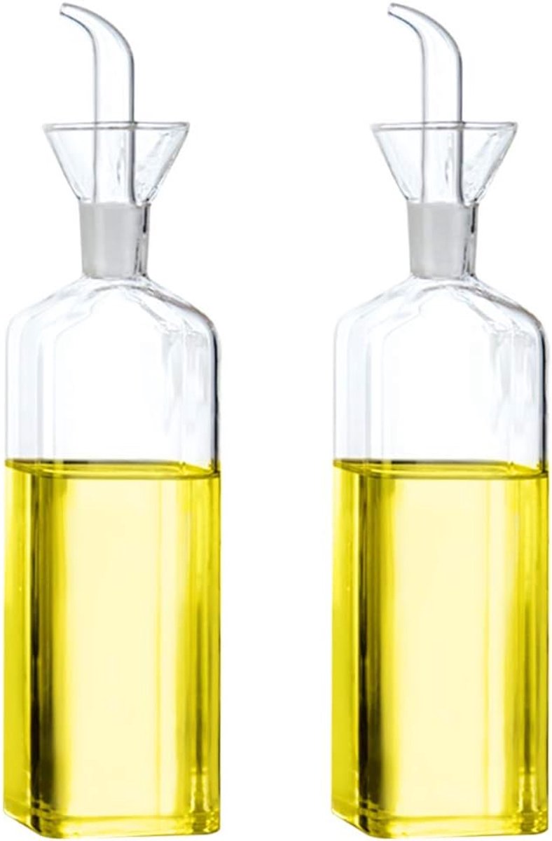 Oliefles, olijfolie-dispenser met schenktuit, olie- en azijnstel, voor keuken en barbecue, 500 ml, set van 2