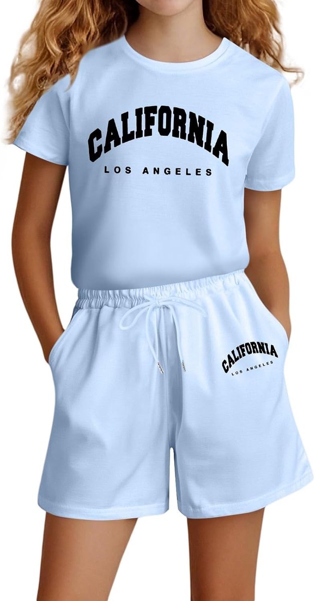 2-delige set voor meisjes, katoen, zomer, top met vlinderdas en shorts, lichte denim, uitgaan, schattig, modieus, zacht, A217