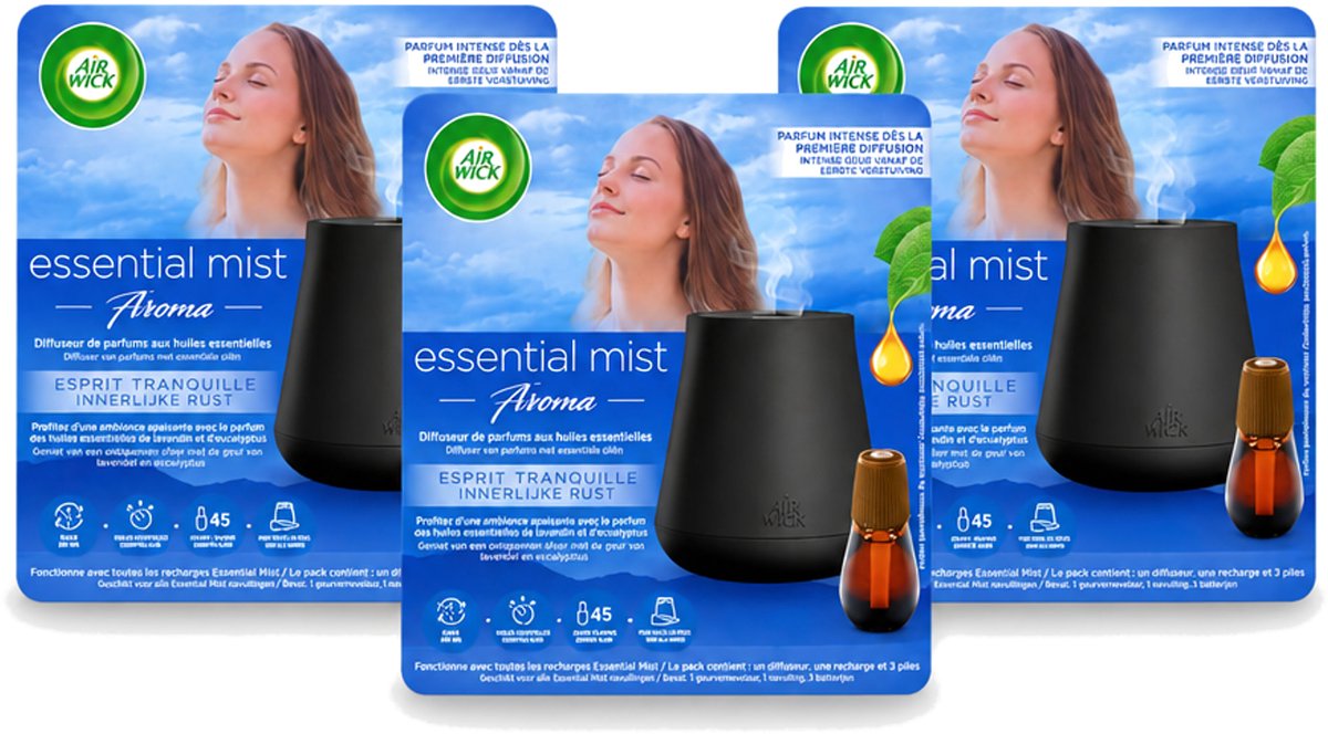 3 x Air Wick Essential Mist - Automatische Luchtverfrisser Kit - Innerlijke Rust - Eucalyptus & Lavendel - Bulkverpakking - 3 stuks