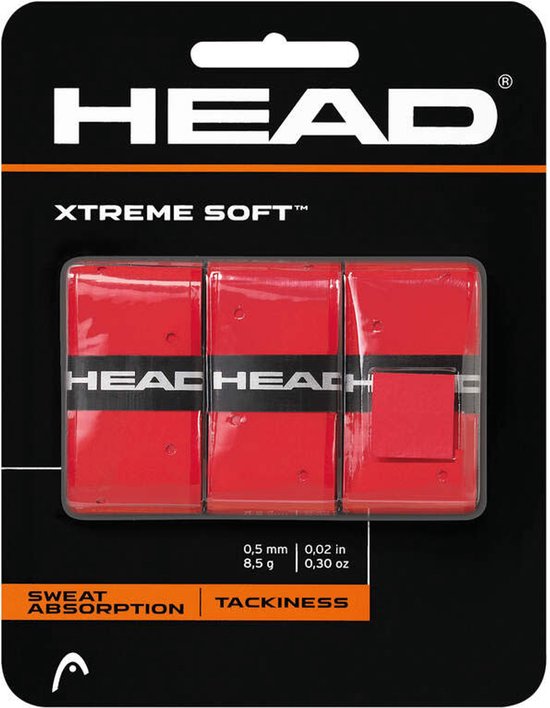 Pak met drie rode HEAD XTREME SOFT tennis grips, met logo's en informatie over zweetabsorptie.