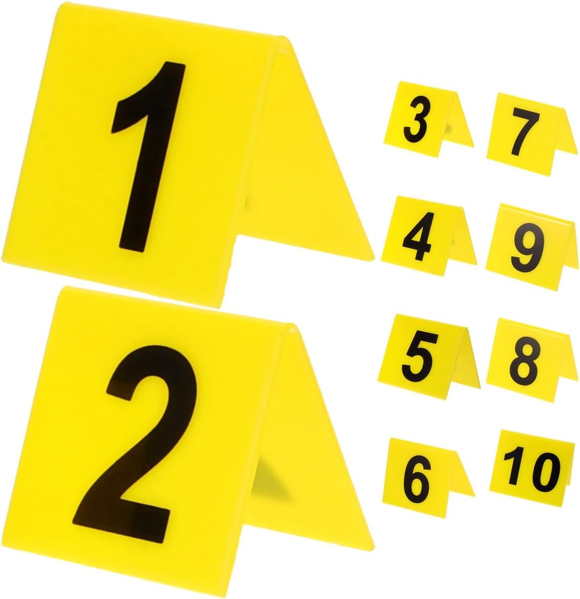 10 stuks tafelnummers acryl 1-10 - gele bewijsmarkeringen crimeplaats decoratie, dubbelzijdige tafelmarkeringen voor horeca, bruiloft, restaurant, crimediner & detective-party, 6,3 x 5,5 cm